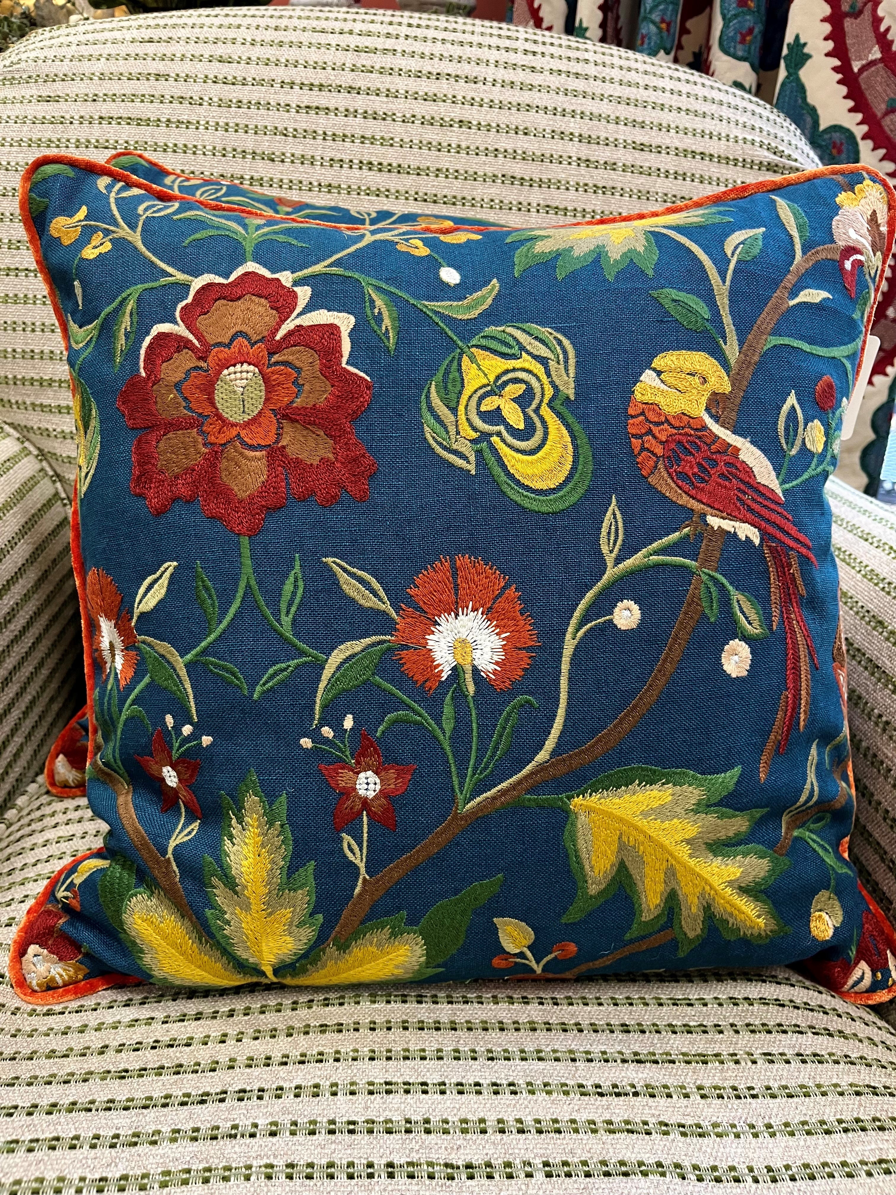 Cushion in Zoffany Oiseaux embroidered Fabric