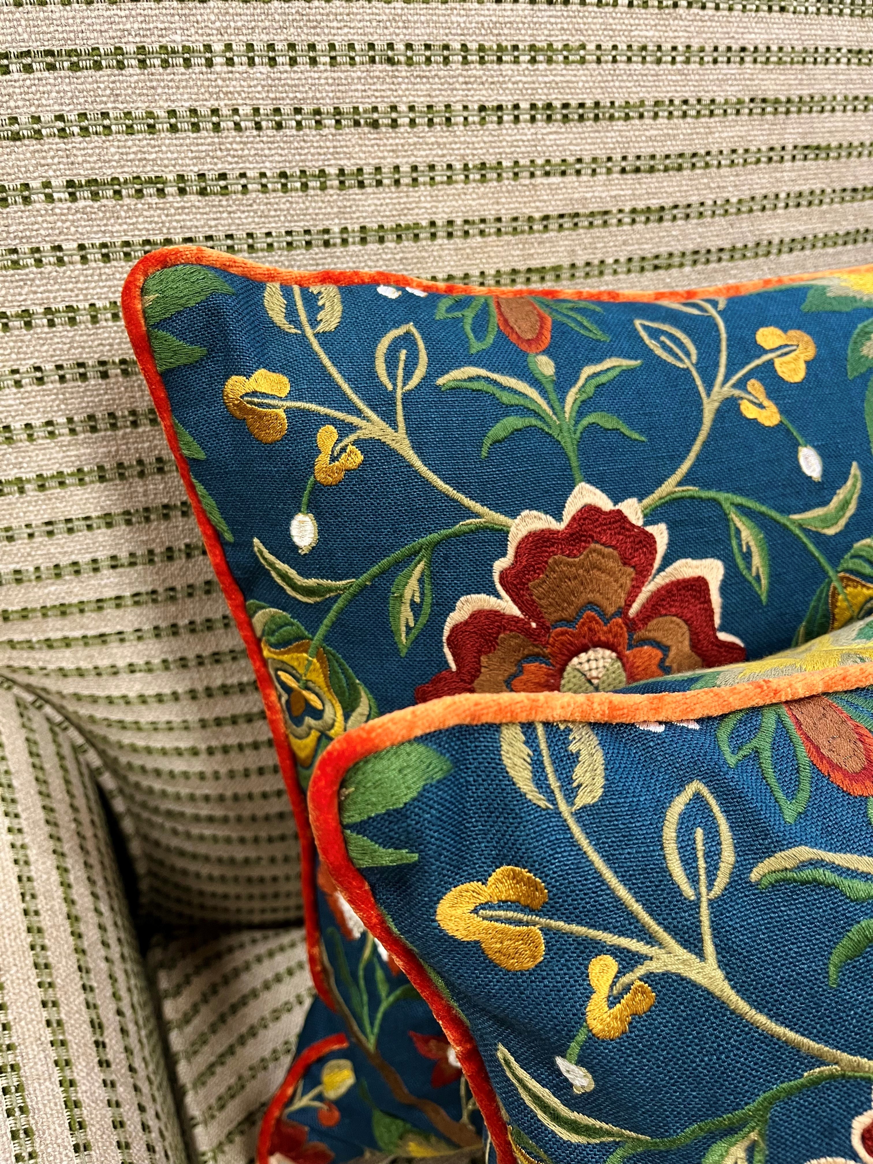 Cushion in Zoffany Oiseaux embroidered Fabric